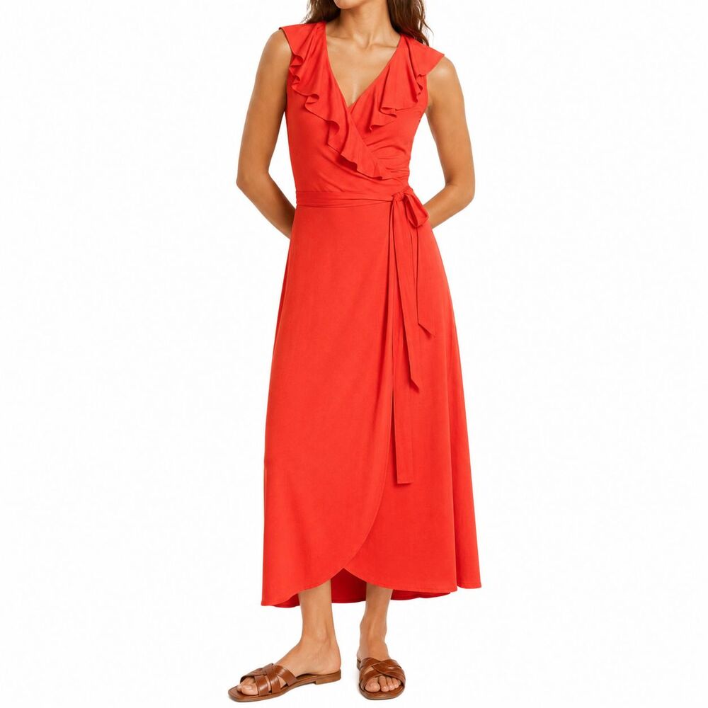 Boden Size 6R Saskia Wrap Jersey Maxi Dress Coral Red Ruffle V Neck Stretch NWT